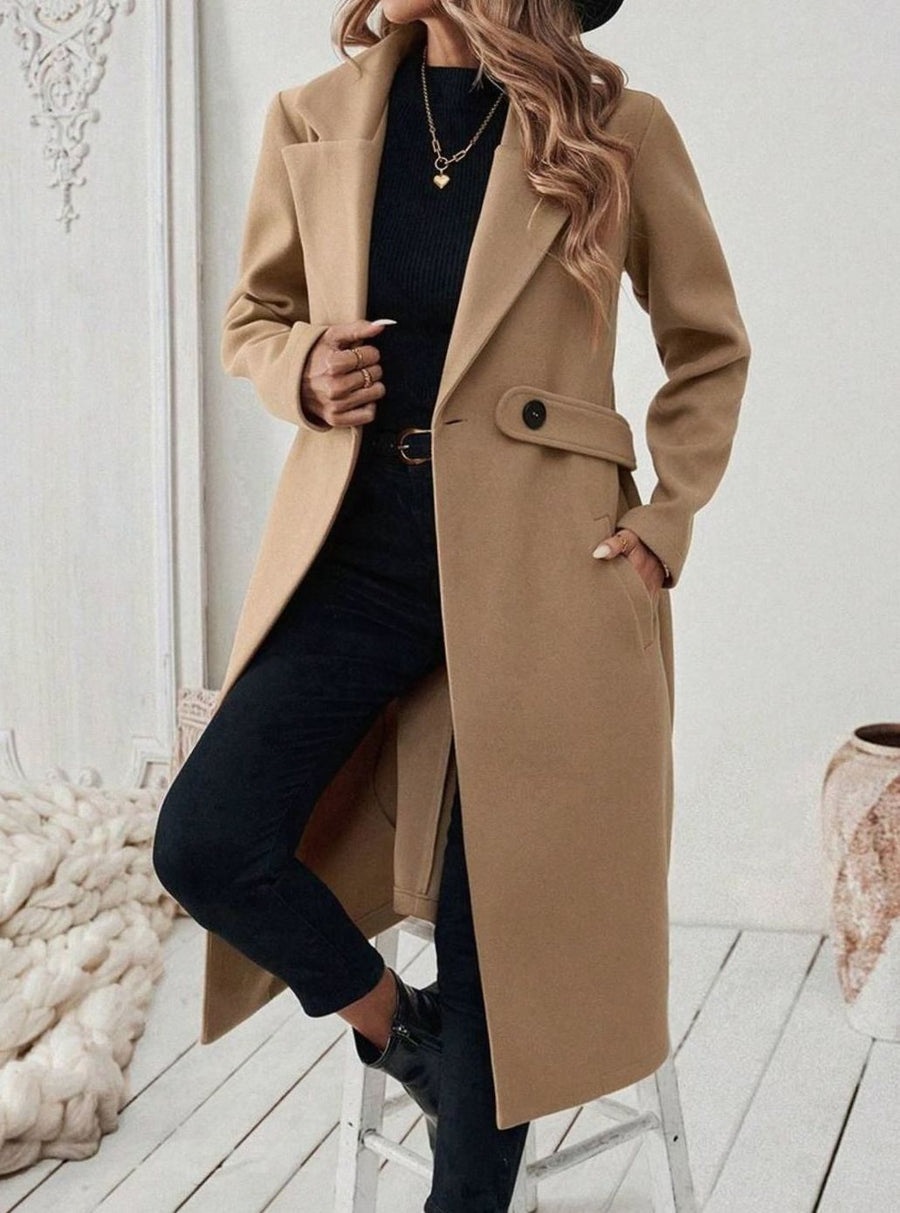 Women's Long Belted Coat with Wide Collar