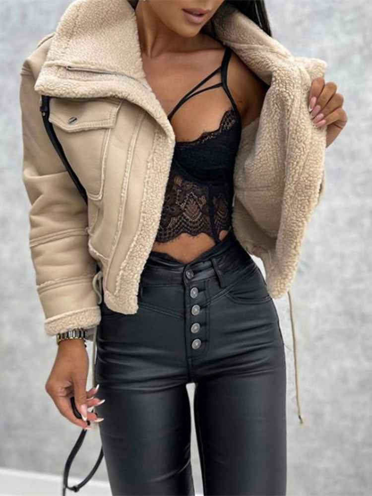 Women's Faux Leather Winter Coat – Zip-Up Pocket Jacket