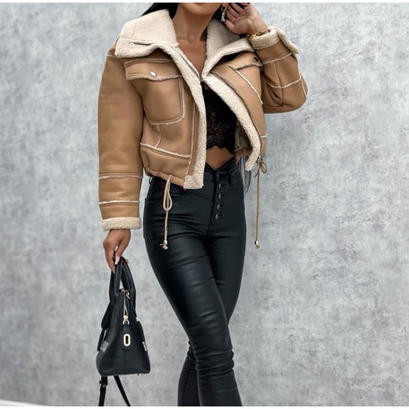 Women's Faux Leather Winter Coat – Zip-Up Pocket Jacket