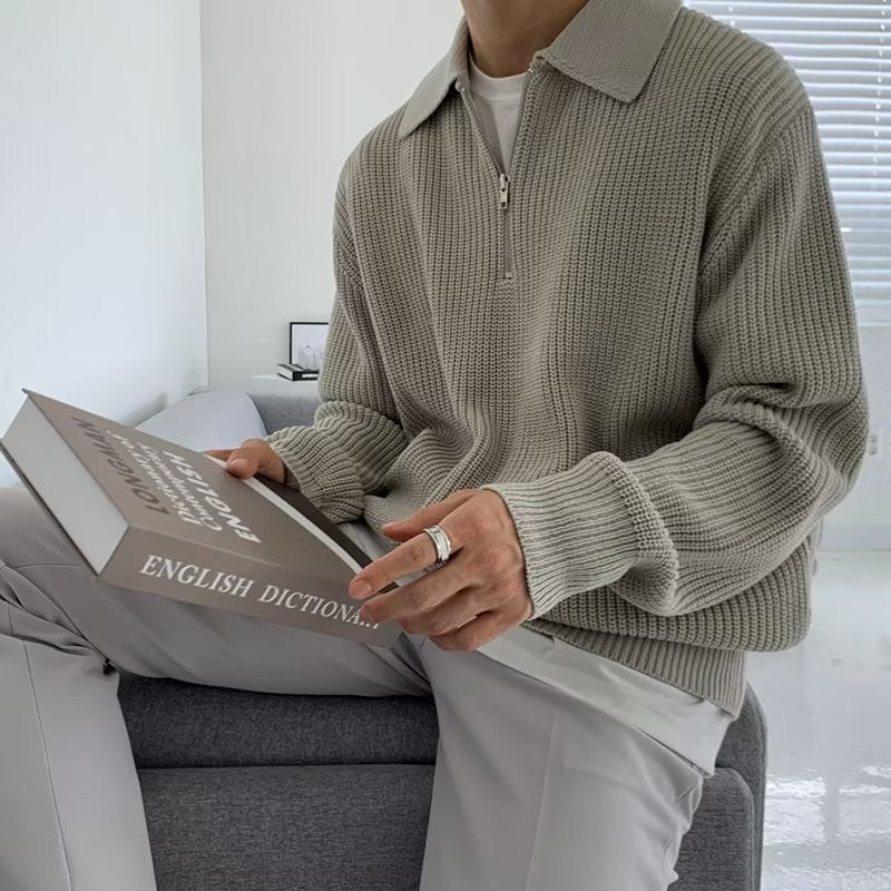 Men's Ribbed Quarter-Zip Collared Sweater, Long Sleeves