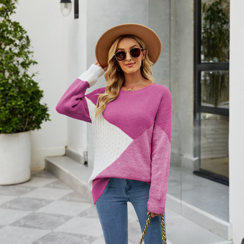 Women's Color Block Crew Neck Sweater Ribbed Knit