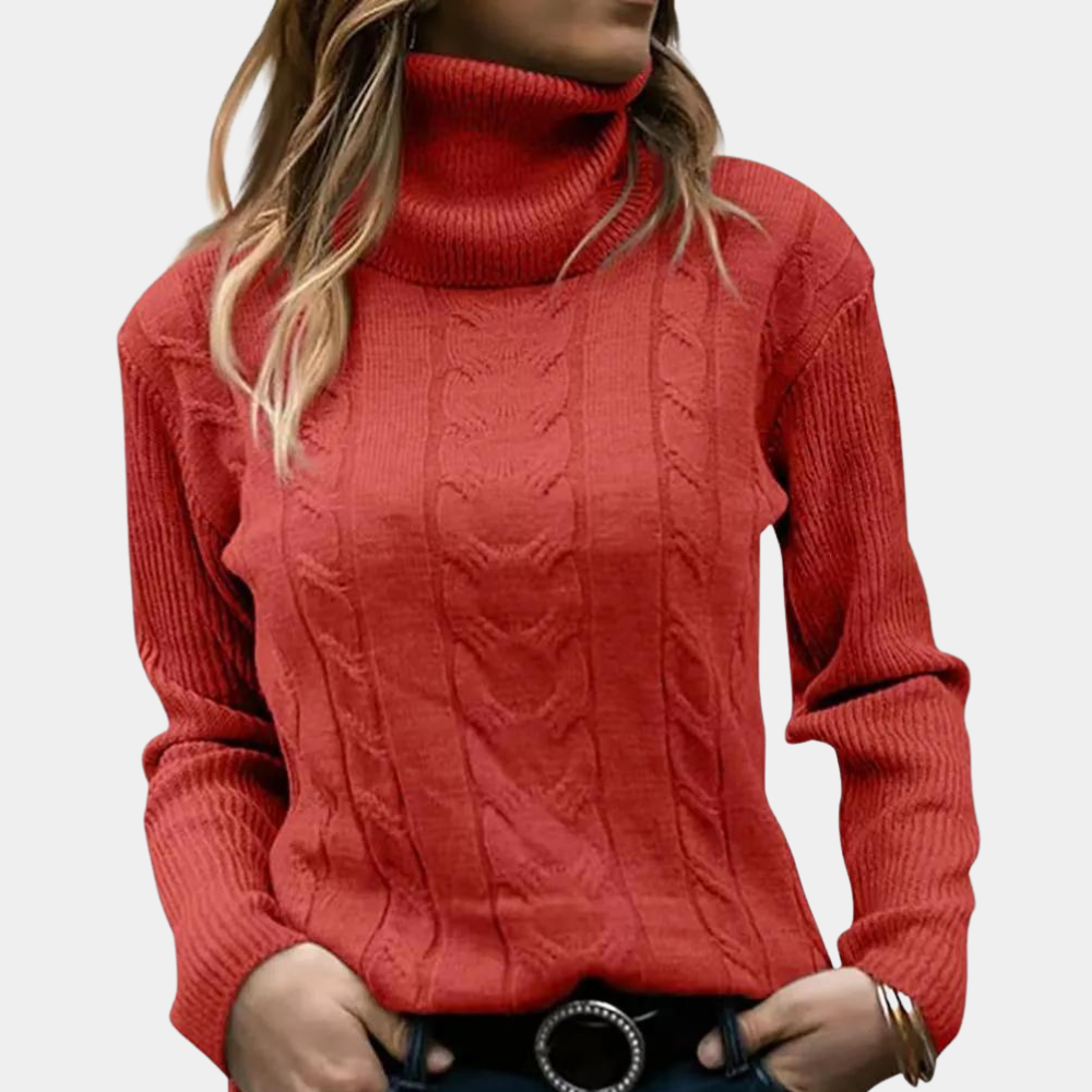 Women's Cable Knit Turtleneck Sweater with Long Sleeves