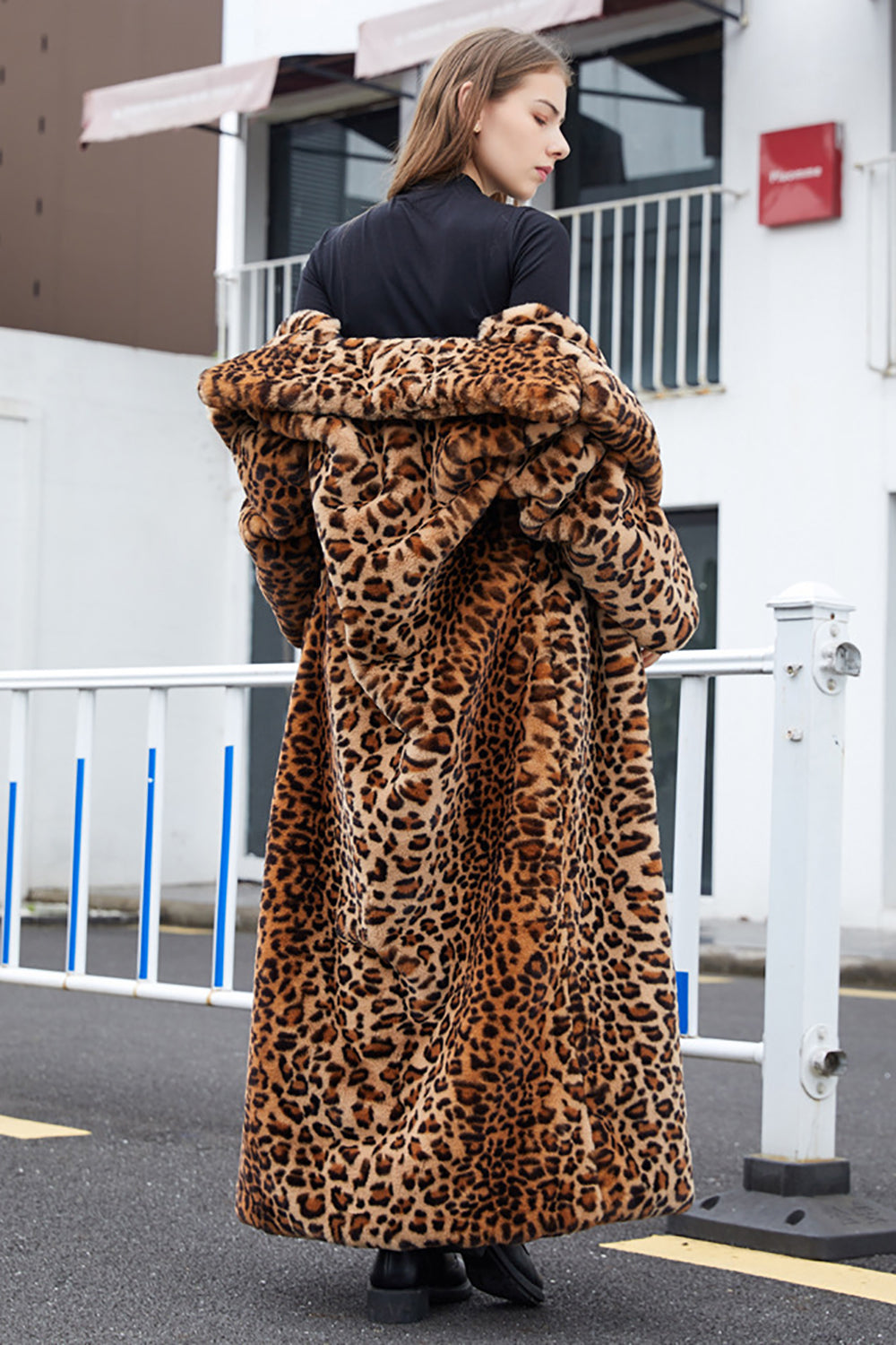 Women's Leopard Print Long Coat, Notched Lapels, Long Sleeves