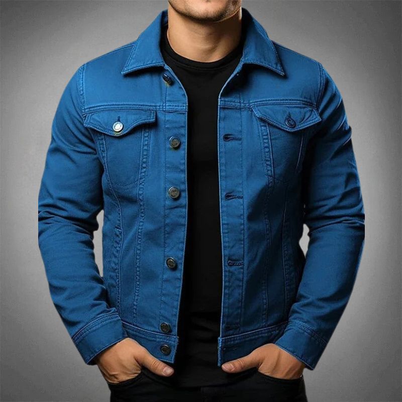 Men's Denim Jacket, Pointed Collar, Long Sleeves, Button Front