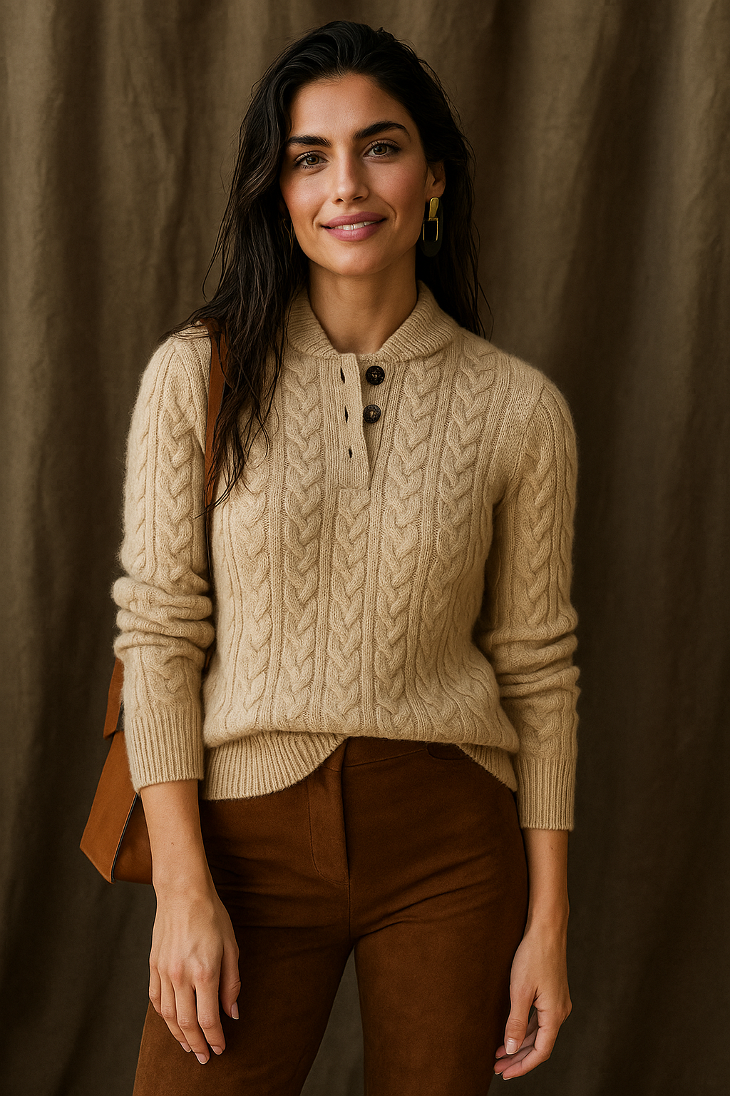 Arden | Womens Button-Up Cable Knit Sweater | Wool Cashmere Blend, Stand Collar | Olive, Khaki and More XS-2XL