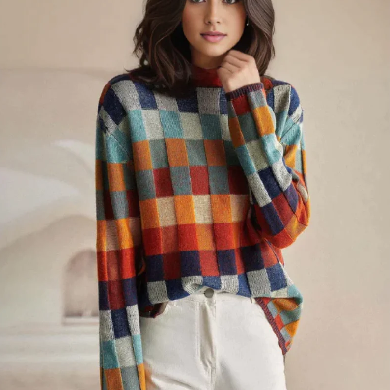Emma | Womens Cashmere Sweater with Block Check | Mock Neck, Extended Ribbed Cuffs, Relaxed Fit | Orange S-3XL