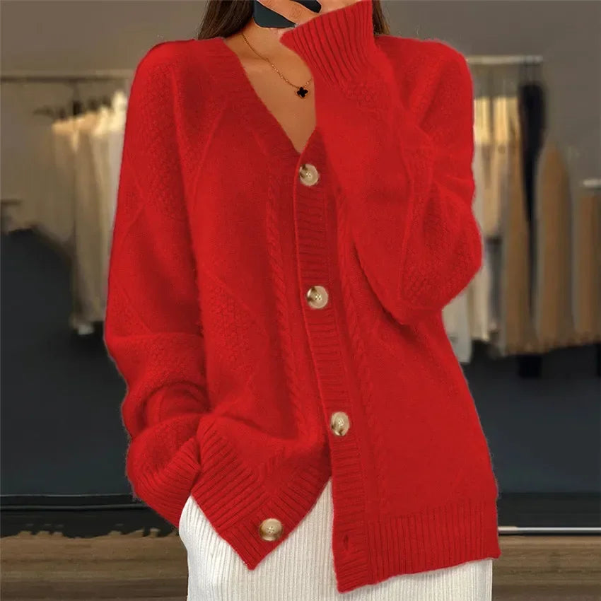 Éléonore | Womens V-Neck Knit Cardigan Sweater | Button Front, Relaxed Oversized Fit | Apricot, Gray, Pink, Red S-XL
