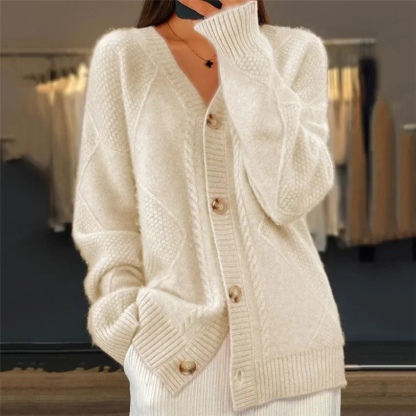 Women's Textured V-Neck Button Cardigan, Long Sleeves