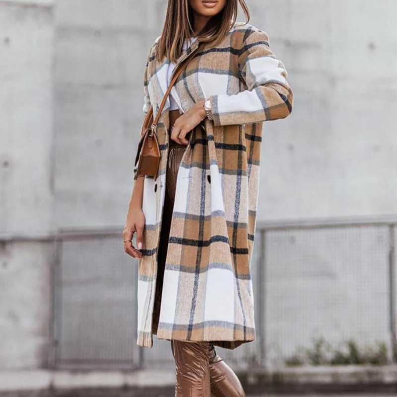 Women's Checked Long Coat with Open Front