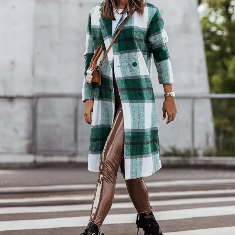 Women's Checked Long Coat with Open Front