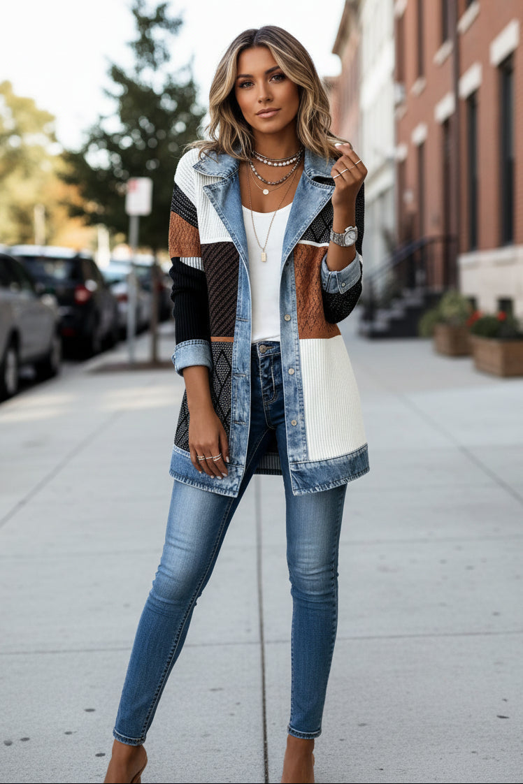 Women's Longline Knit Cardigan Jacket, Denim Collar, Button Front