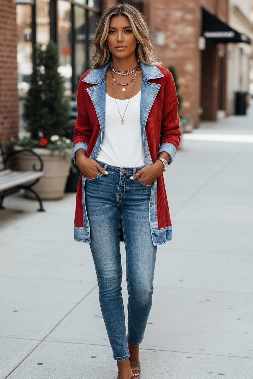 Women's Longline Knit Cardigan Jacket, Denim Collar, Button Front