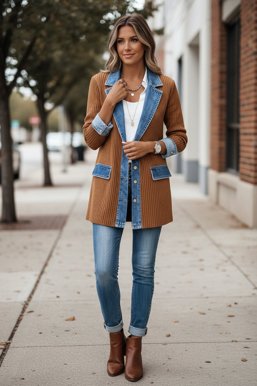 Women's Longline Knit Cardigan Jacket, Denim Collar, Button Front