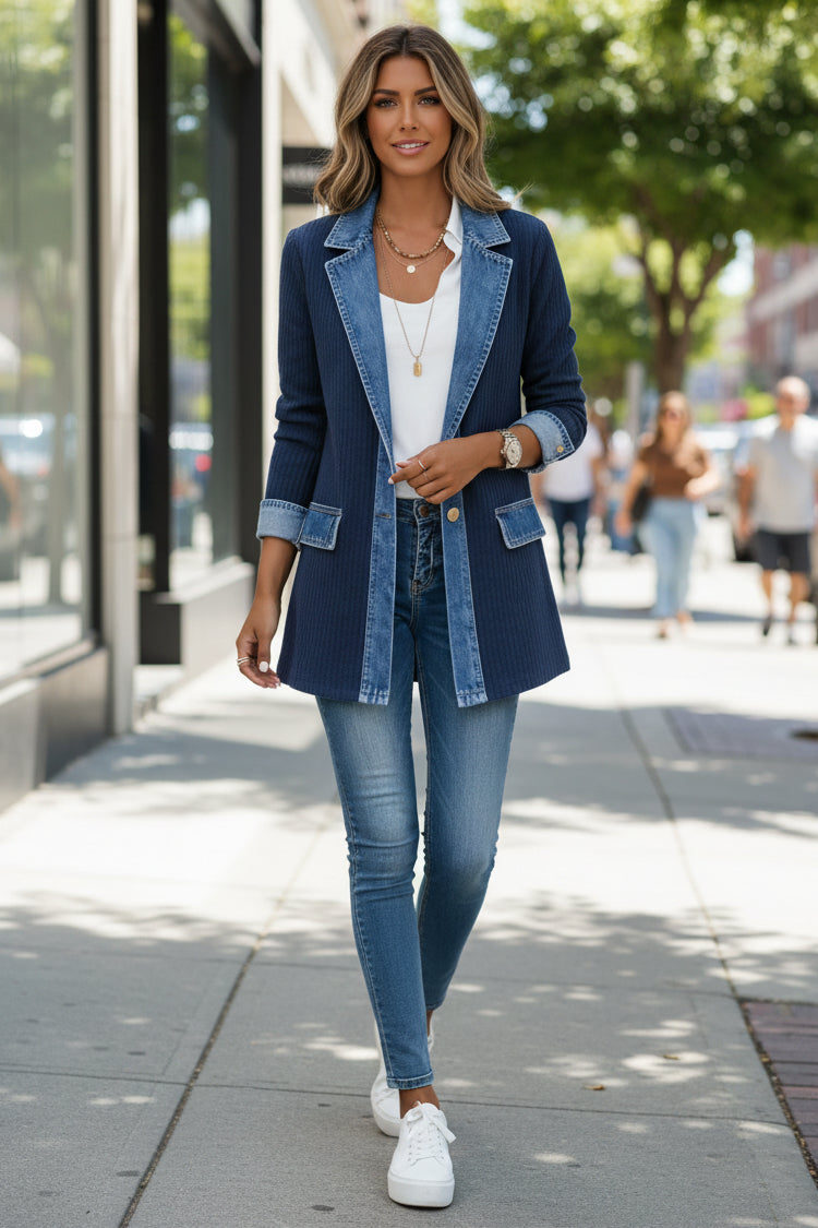 Women's Longline Knit Cardigan Jacket, Denim Collar, Button Front