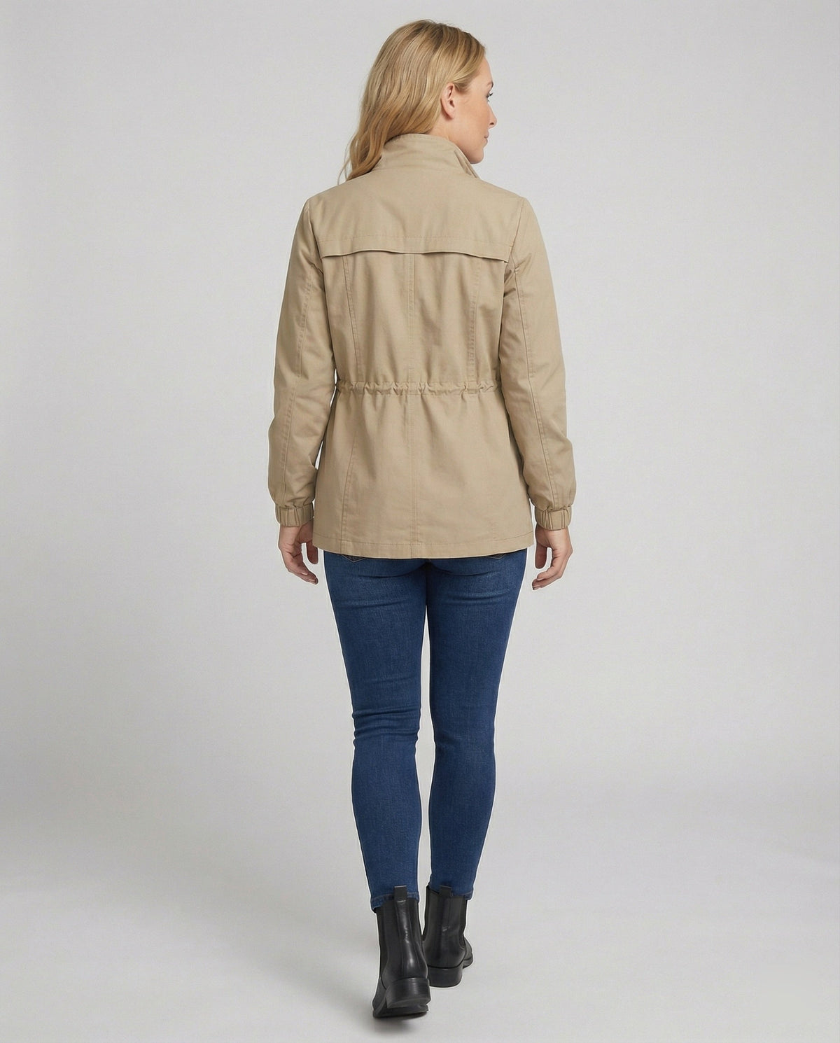 Anna | Womens Utility Jacket with Drawstring Waist | Stand Collar, Flap Pockets | Khaki, Black, Beige and More S-3XL