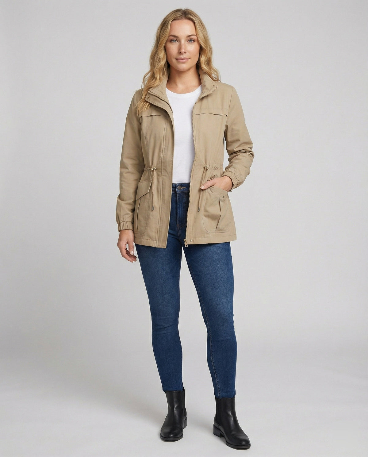 Anna | Womens Utility Jacket with Drawstring Waist | Stand Collar, Flap Pockets | Khaki, Black, Beige and More S-3XL