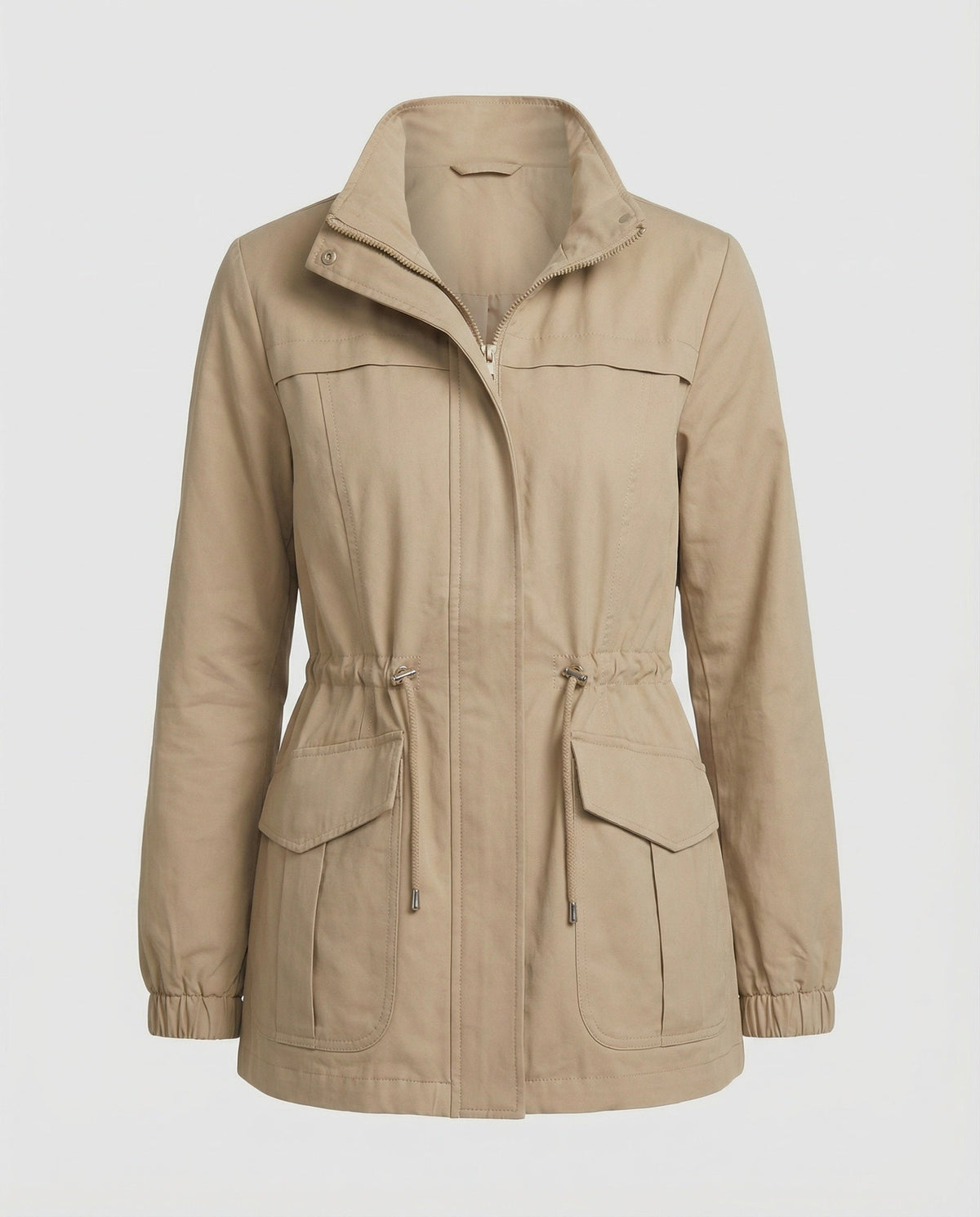 Anna | Womens Utility Jacket with Drawstring Waist | Stand Collar, Flap Pockets | Khaki, Black, Beige and More S-3XL