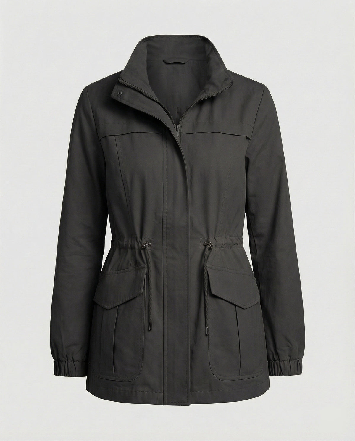Anna | Womens Utility Jacket with Drawstring Waist | Stand Collar, Flap Pockets | Khaki, Black, Beige and More S-3XL