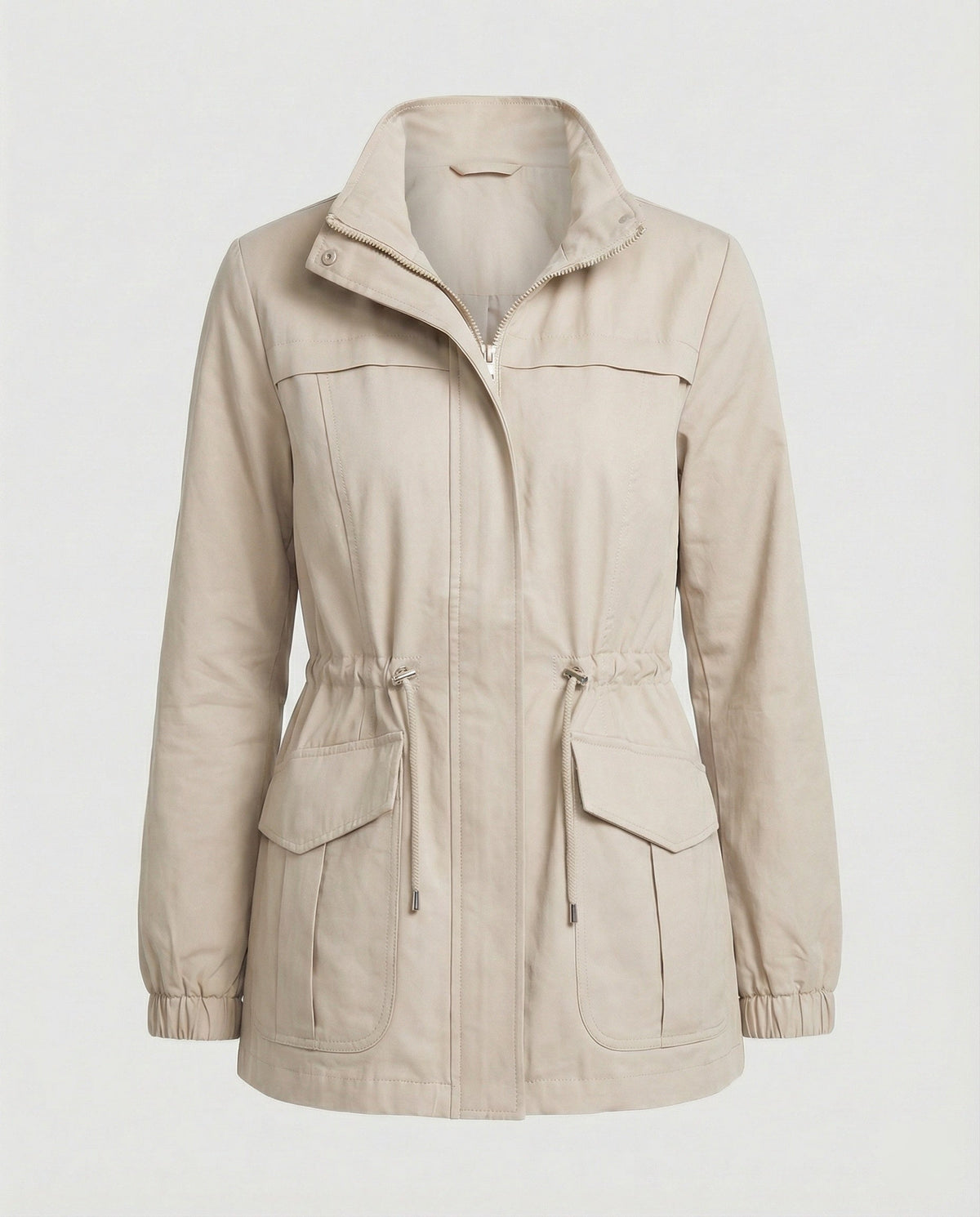 Anna | Womens Utility Jacket with Drawstring Waist | Stand Collar, Flap Pockets | Khaki, Black, Beige and More S-3XL