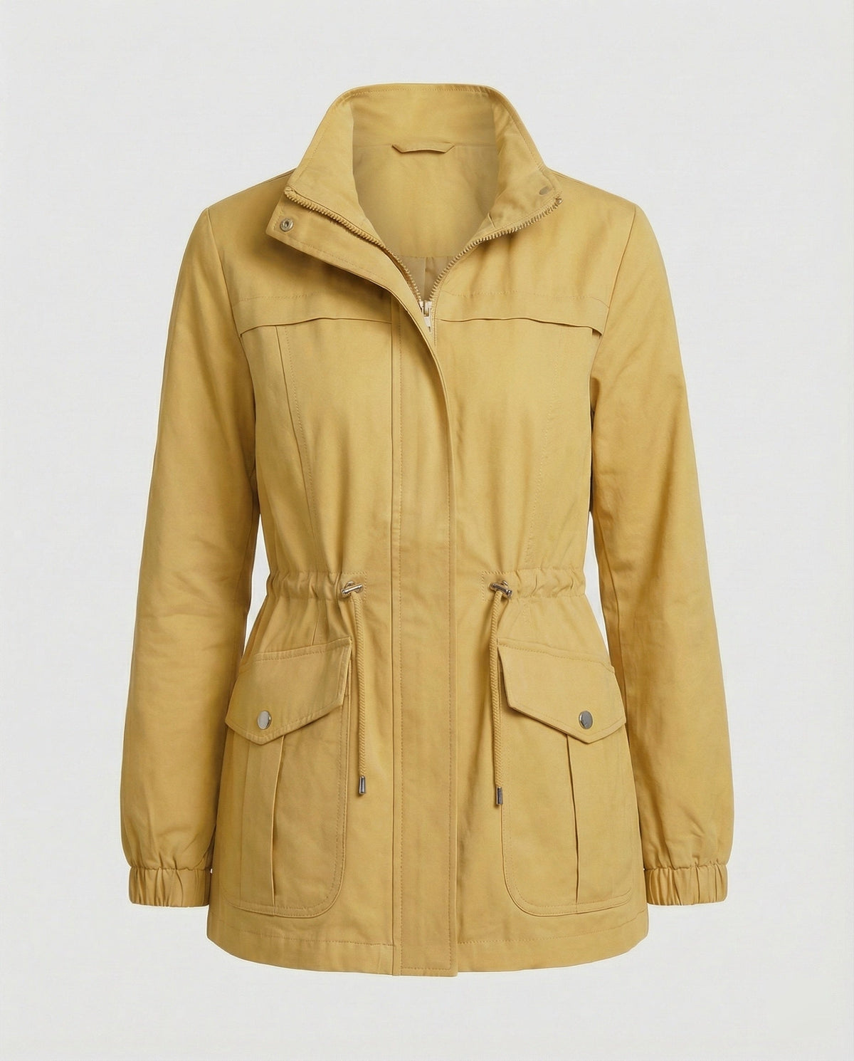 Anna | Womens Utility Jacket with Drawstring Waist | Stand Collar, Flap Pockets | Khaki, Black, Beige and More S-3XL