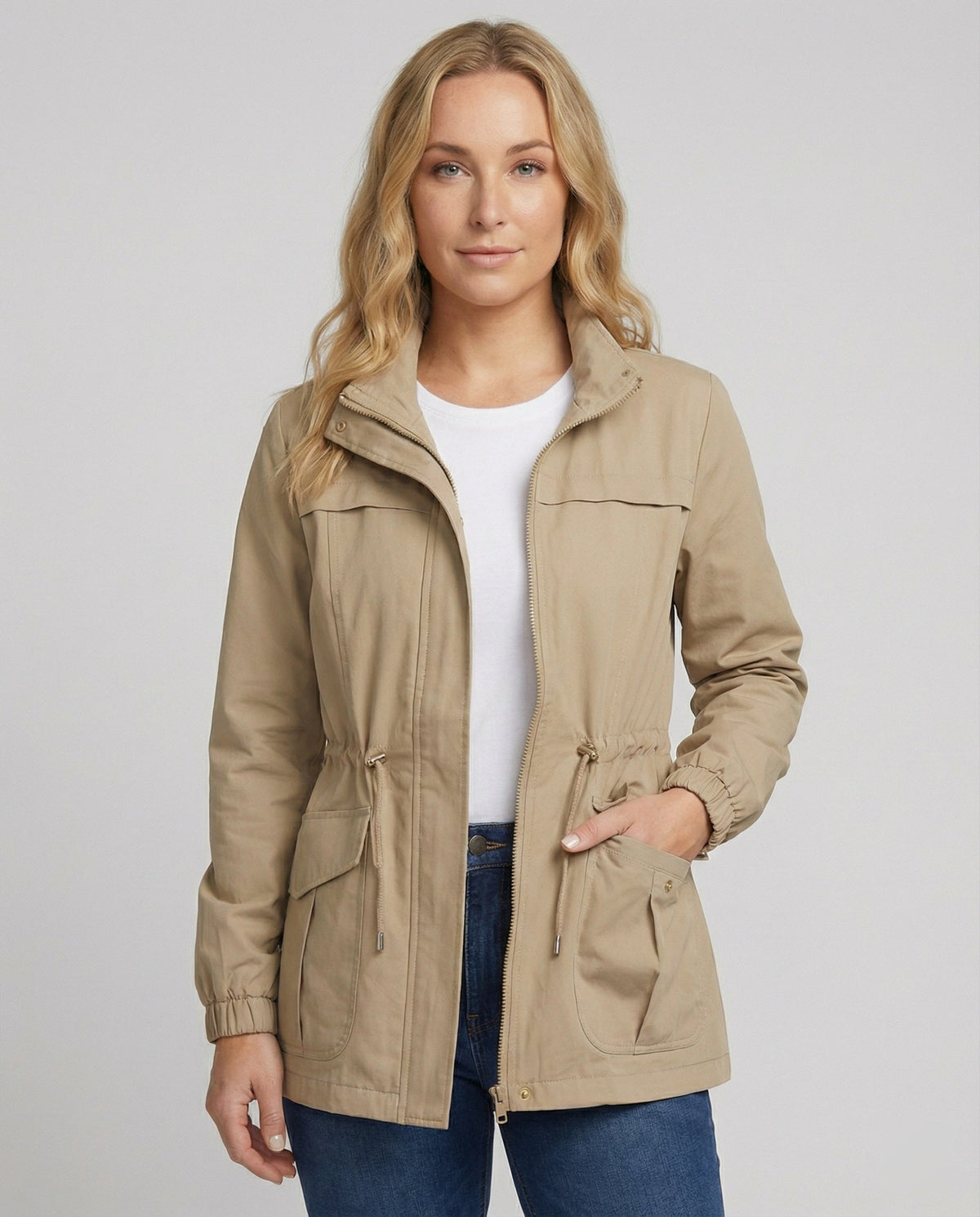 Anna | Womens Utility Jacket with Drawstring Waist | Stand Collar, Flap Pockets | Khaki, Black, Beige and More S-3XL