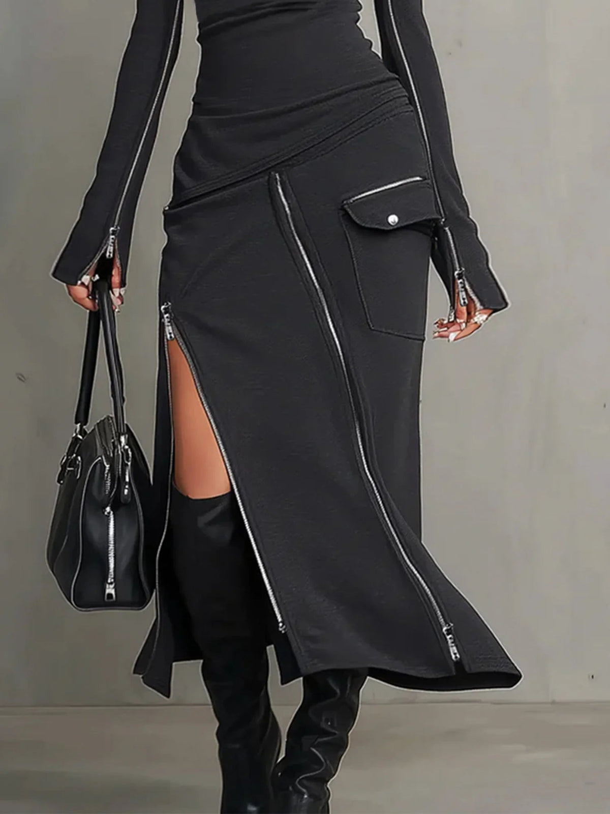 Women's Two Piece Skirt Set Gray Turtleneck Top Zipper Midi Skirt