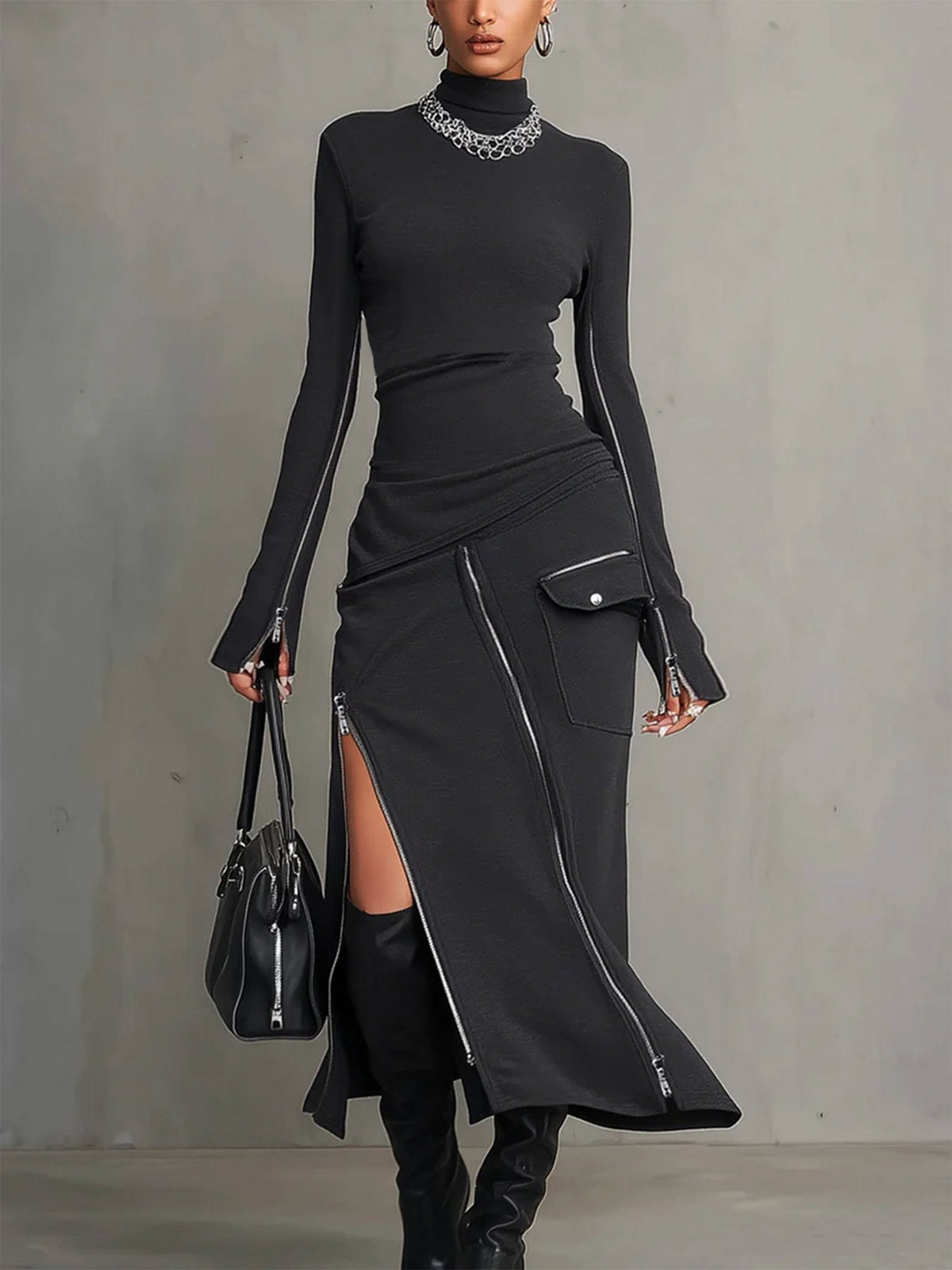 Women's Two Piece Skirt Set Gray Turtleneck Top Zipper Midi Skirt