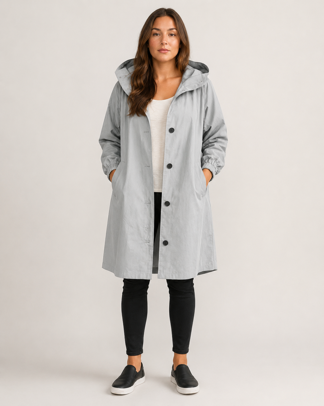 Women's Hooded Mid-Thigh Rain Coat, Button Front, Long Sleeves