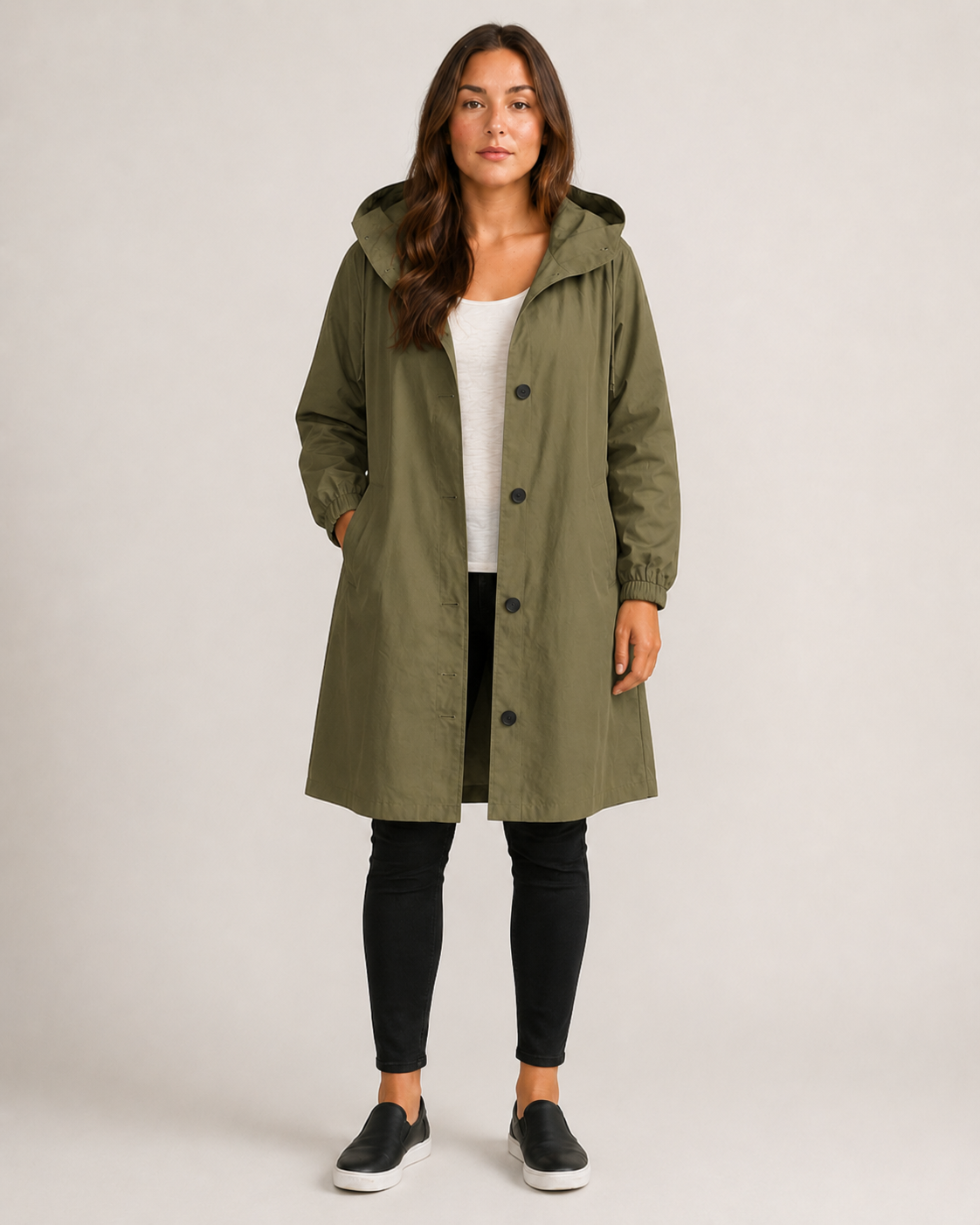 Women's Hooded Mid-Thigh Rain Coat, Button Front, Long Sleeves