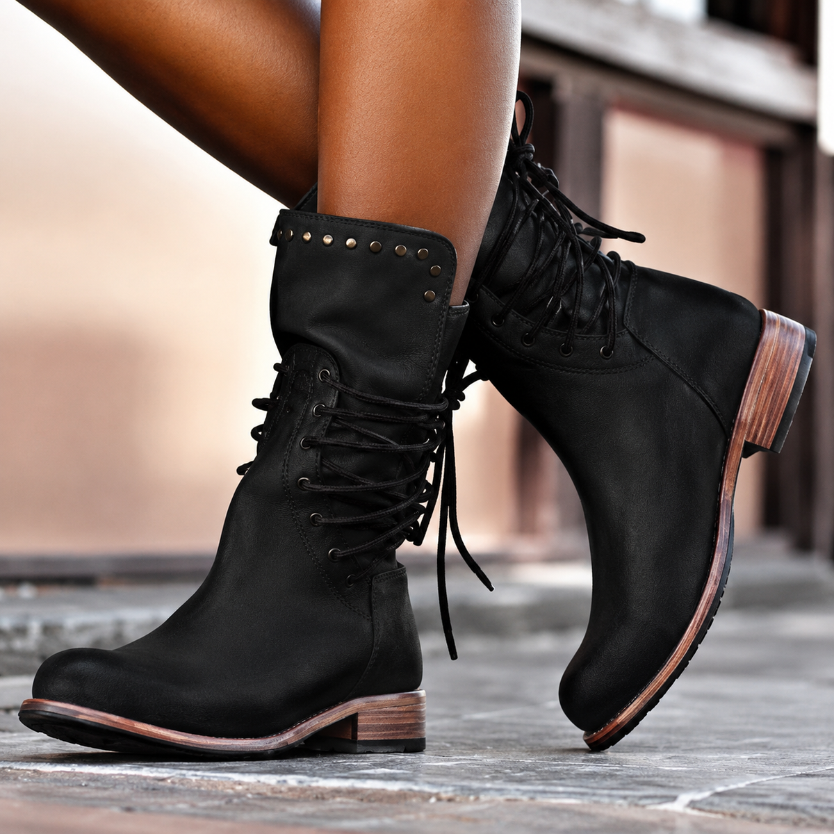 Women's Lace-Up Ankle Boots, Stud Details, Low Heel