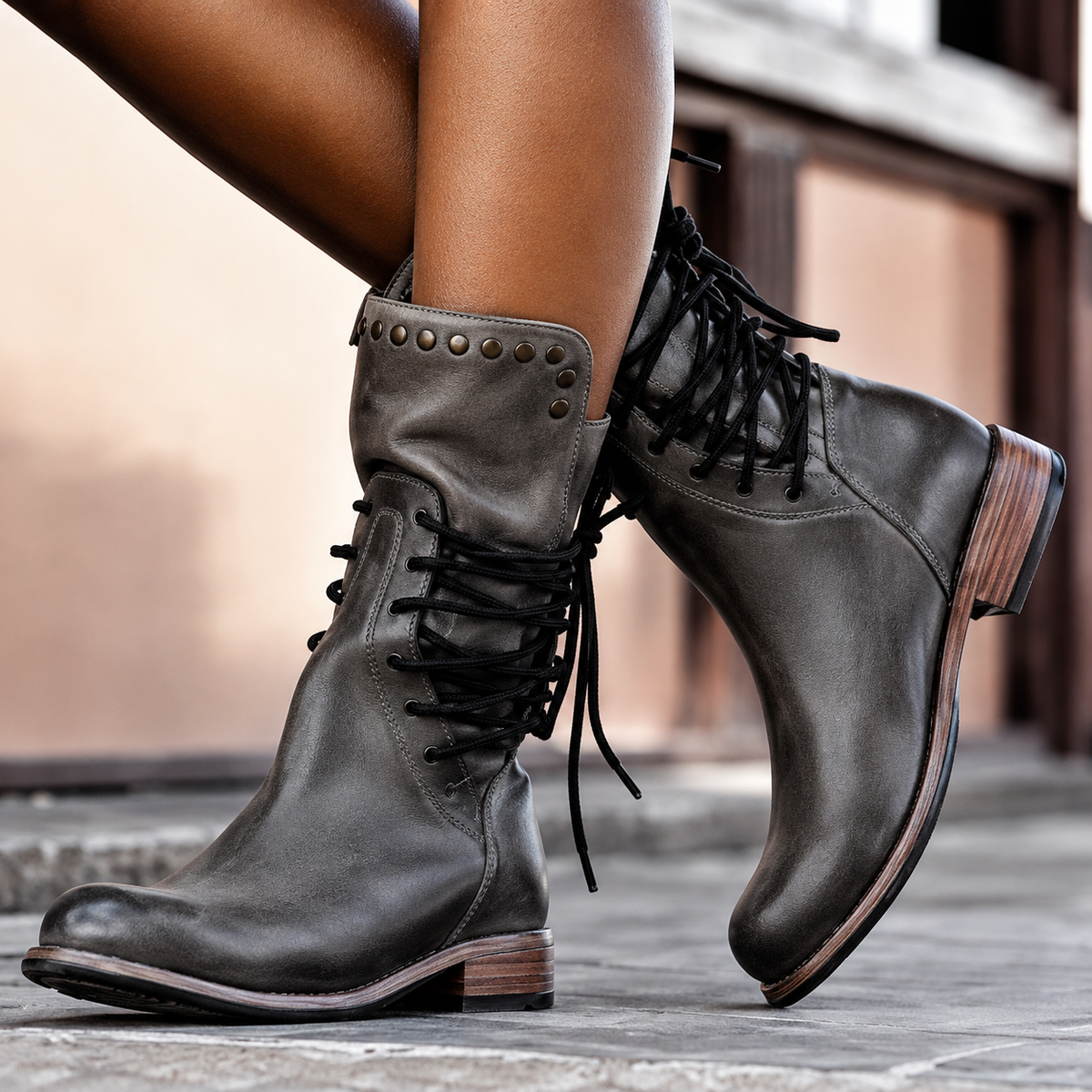 Women's Lace-Up Ankle Boots, Stud Details, Low Heel
