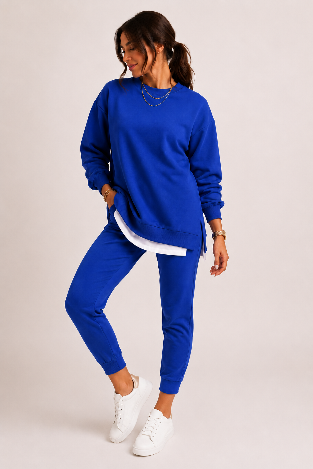 Women's Sweatshirt And Jogger Set, Side Slits, Crew Neck