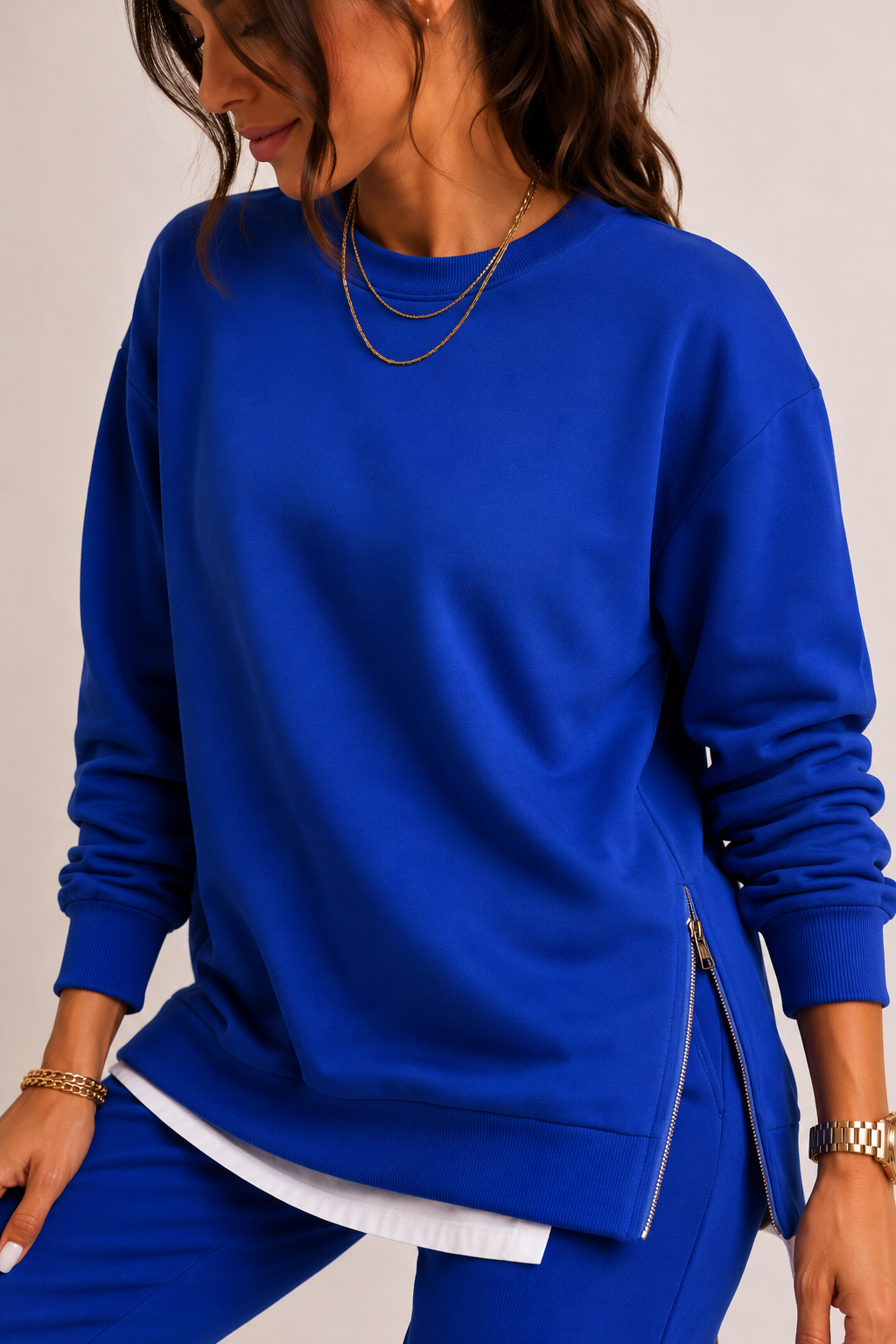 Women's Sweatshirt And Jogger Set, Side Slits, Crew Neck