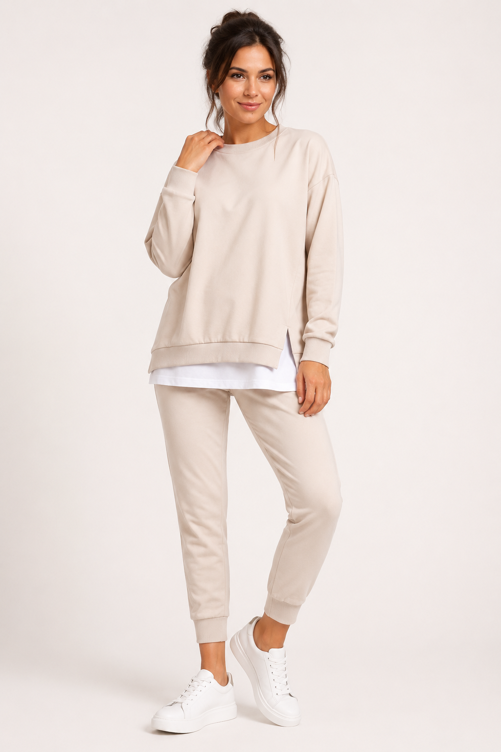 Women's Sweatshirt And Jogger Set, Side Slits, Crew Neck