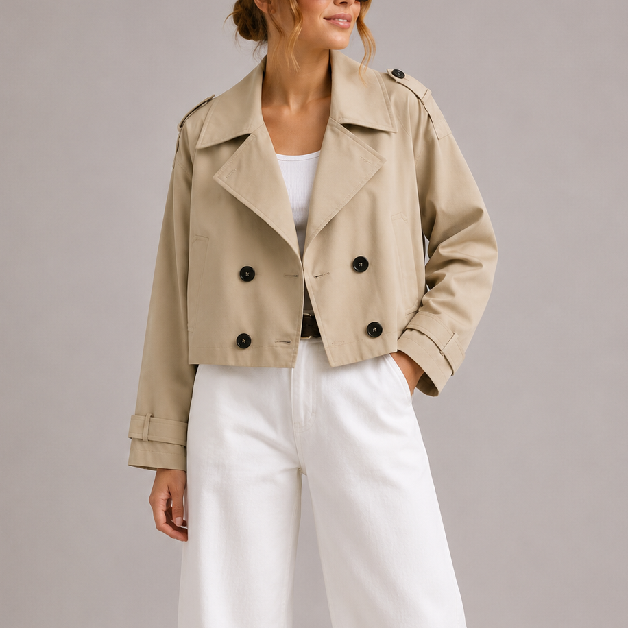 Megan | Womens Cropped Trench Coat Jacket | Oversized Lapel Collar, Lightweight | Brown and Beige, Sizes XS-XL