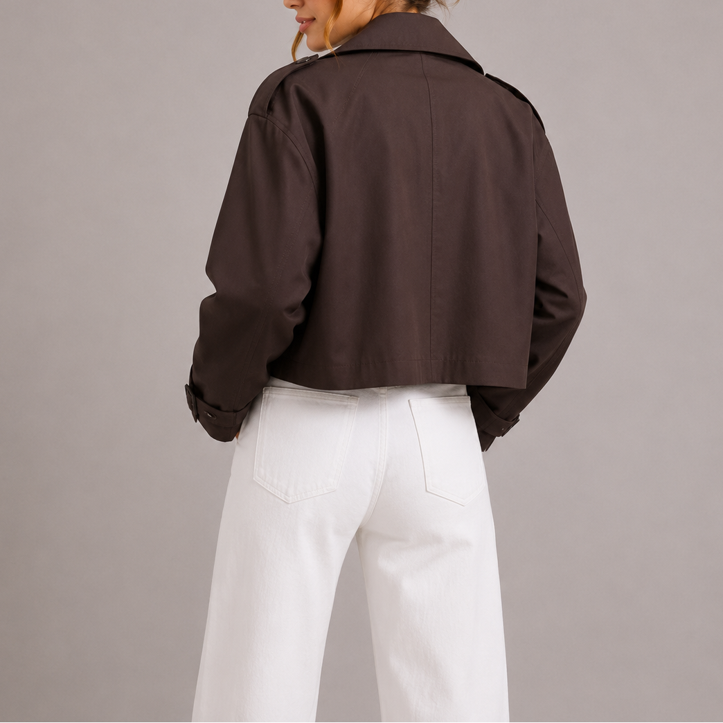 Megan | Womens Cropped Trench Coat Jacket | Oversized Lapel Collar, Lightweight | Brown and Beige, Sizes XS-XL
