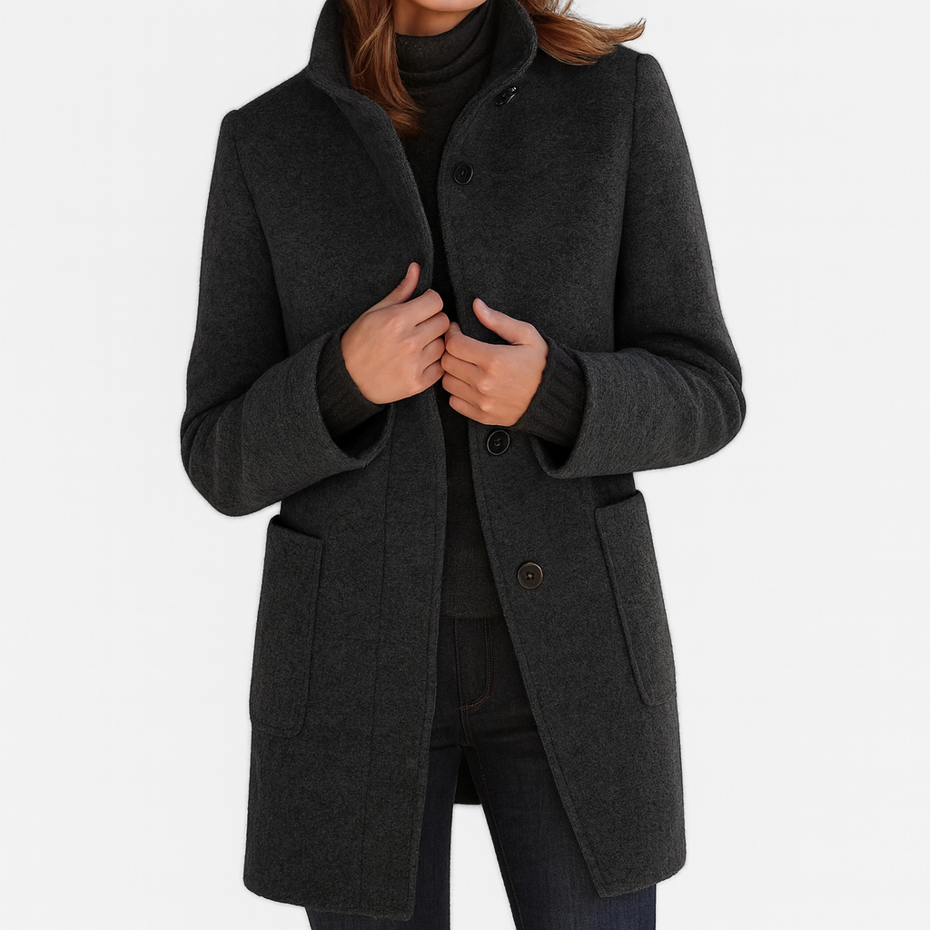 Women's Winter Coat, Stand Collar, Button Front, Long Sleeves