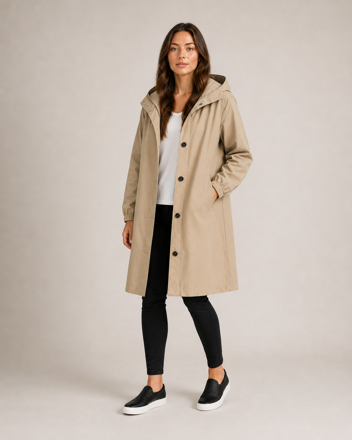 Women's Hooded Mid-Thigh Rain Coat, Button Front, Long Sleeves