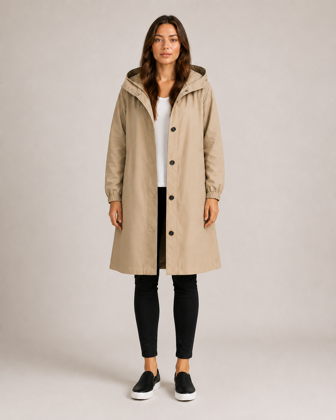 Women's Hooded Mid-Thigh Rain Coat, Button Front, Long Sleeves