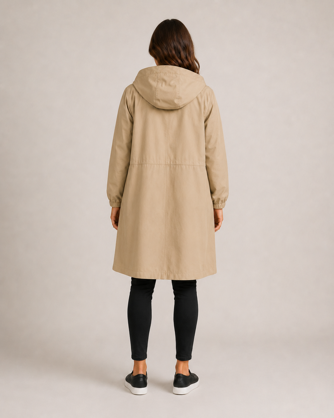 Women's Hooded Mid-Thigh Rain Coat, Button Front, Long Sleeves