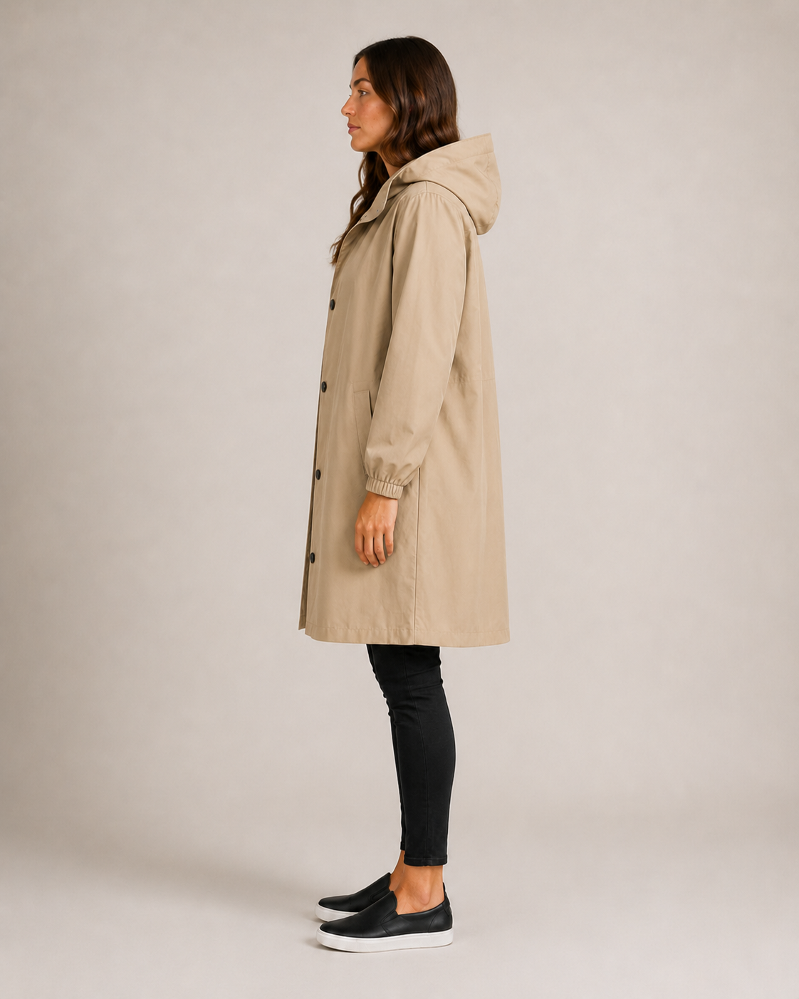 Women's Hooded Mid-Thigh Rain Coat, Button Front, Long Sleeves