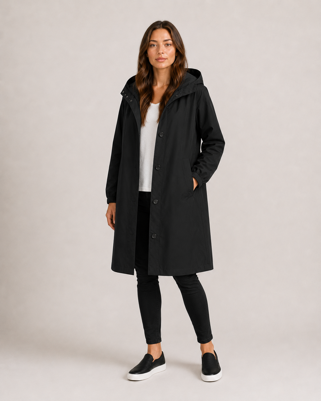 Women's Hooded Mid-Thigh Rain Coat, Button Front, Long Sleeves