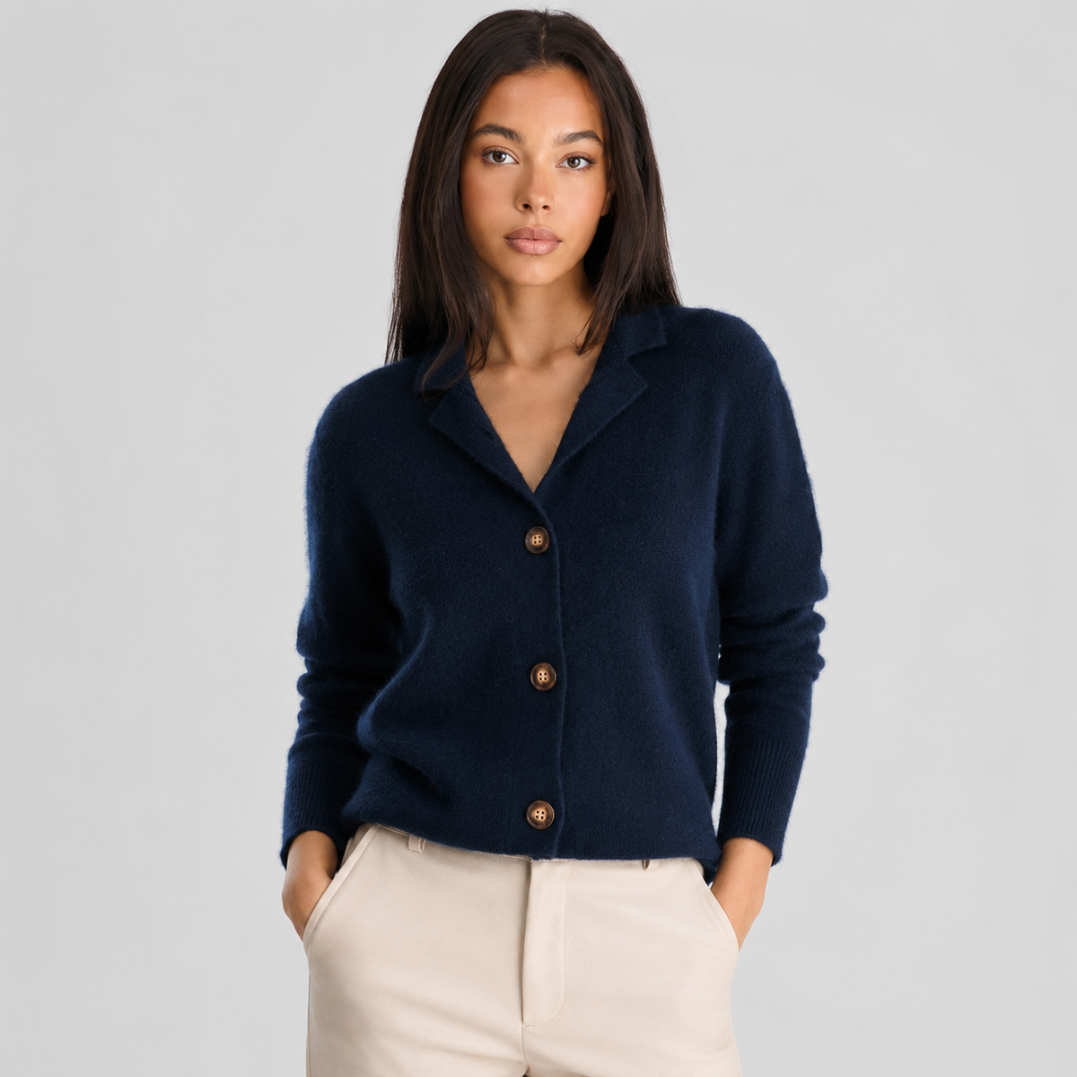 Women's Buttoned Cardigan, Notched Collar, Long Sleeves
