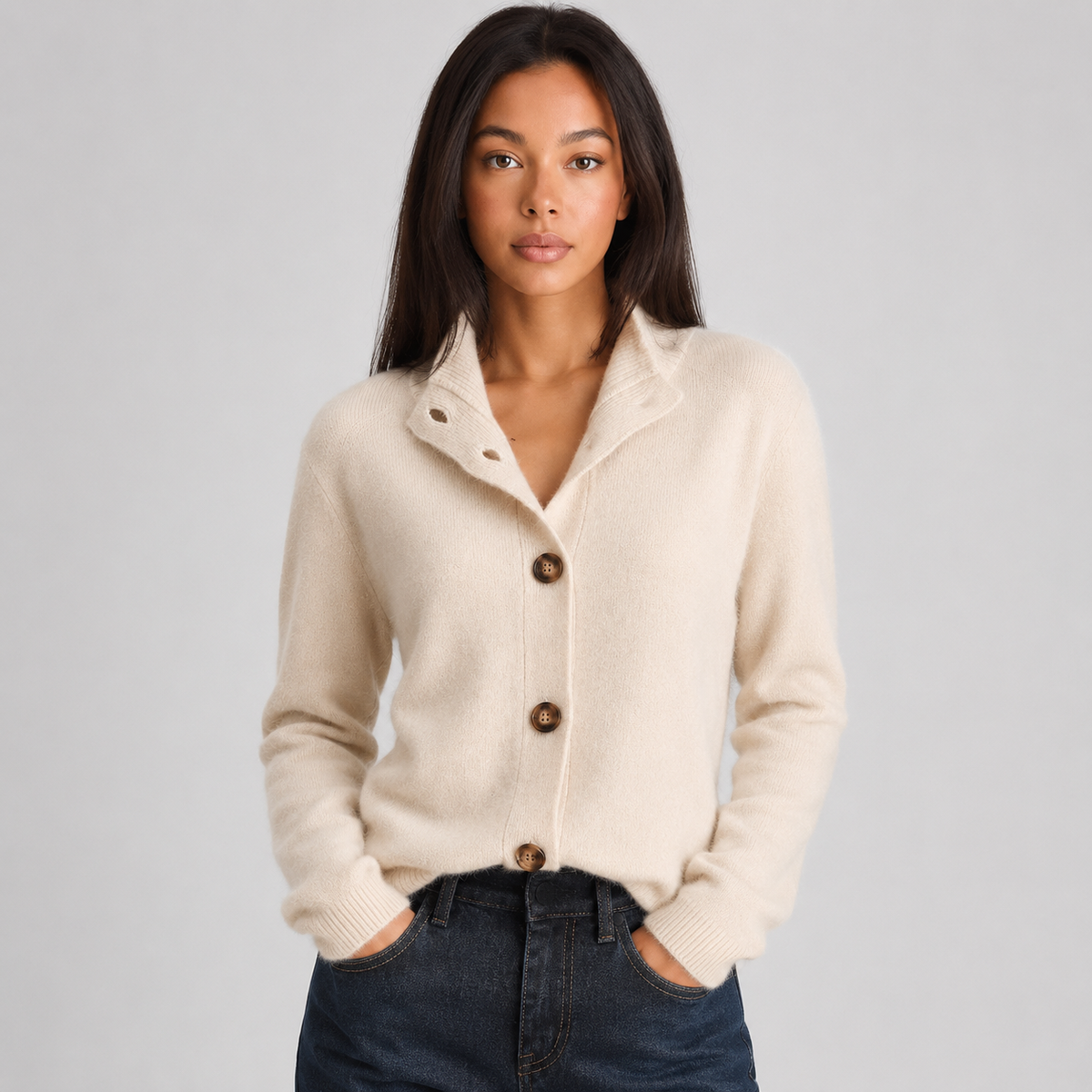 Women's Buttoned Cardigan, Notched Collar, Long Sleeves