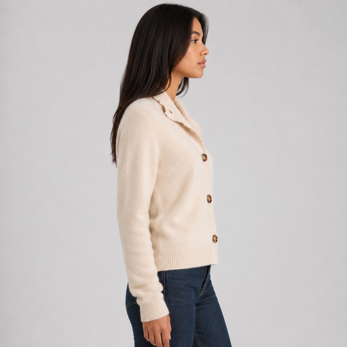 Women's Buttoned Cardigan, Notched Collar, Long Sleeves
