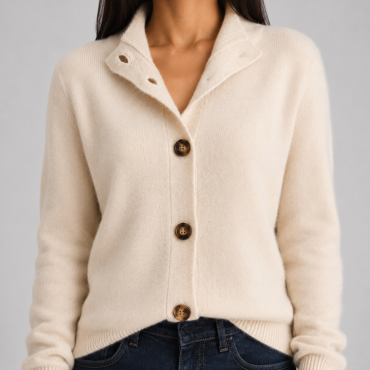 Women's Buttoned Cardigan, Notched Collar, Long Sleeves