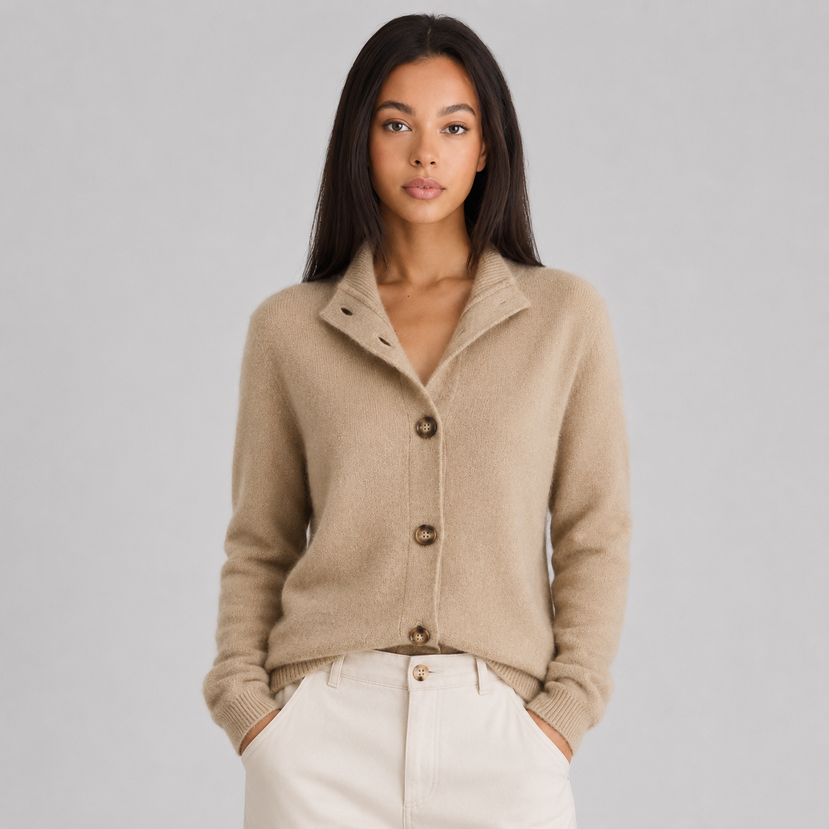 Women's Buttoned Cardigan, Notched Collar, Long Sleeves
