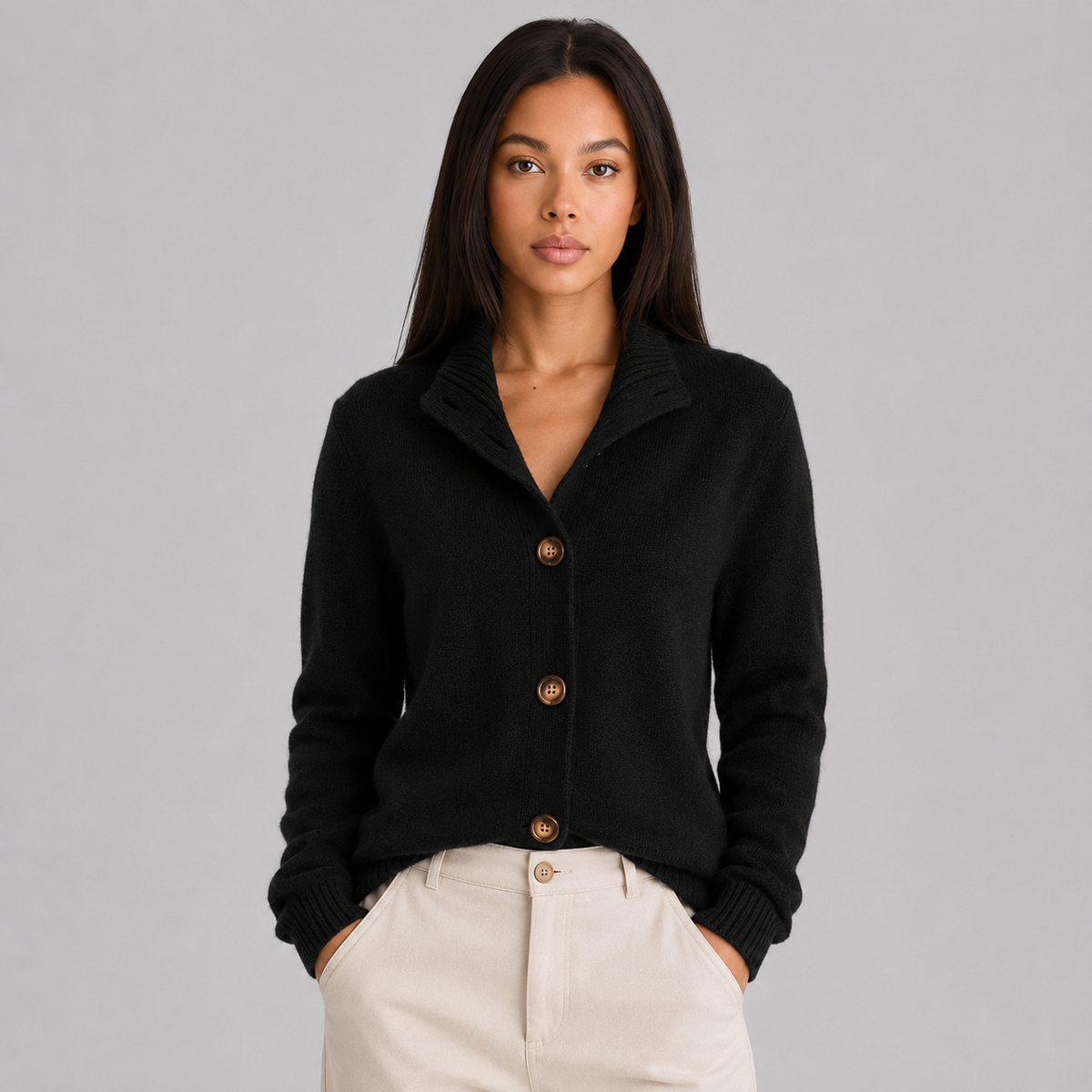 Women's Buttoned Cardigan, Notched Collar, Long Sleeves