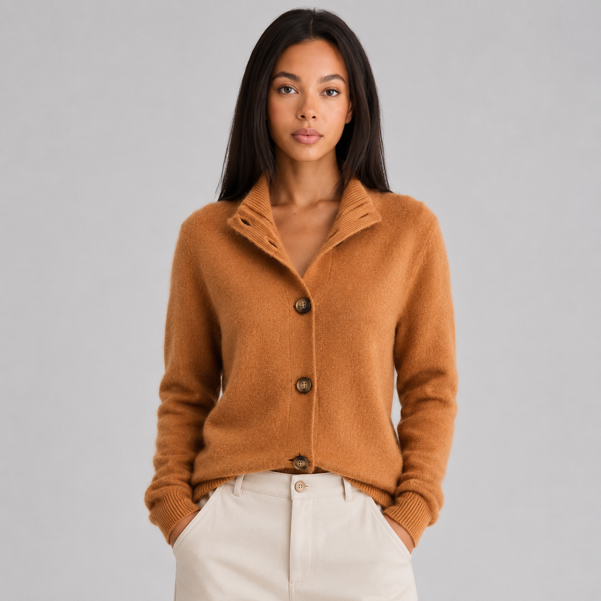 Women's Buttoned Cardigan, Notched Collar, Long Sleeves