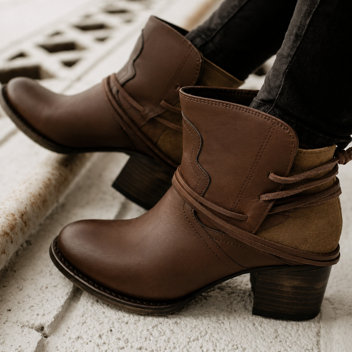Women's Western Boots with Wrap Around Ankle Lacing | Stacked Block Heel, Cowgirl Style in Three Neutral Shades | Size 5-10.5, 3 Colors